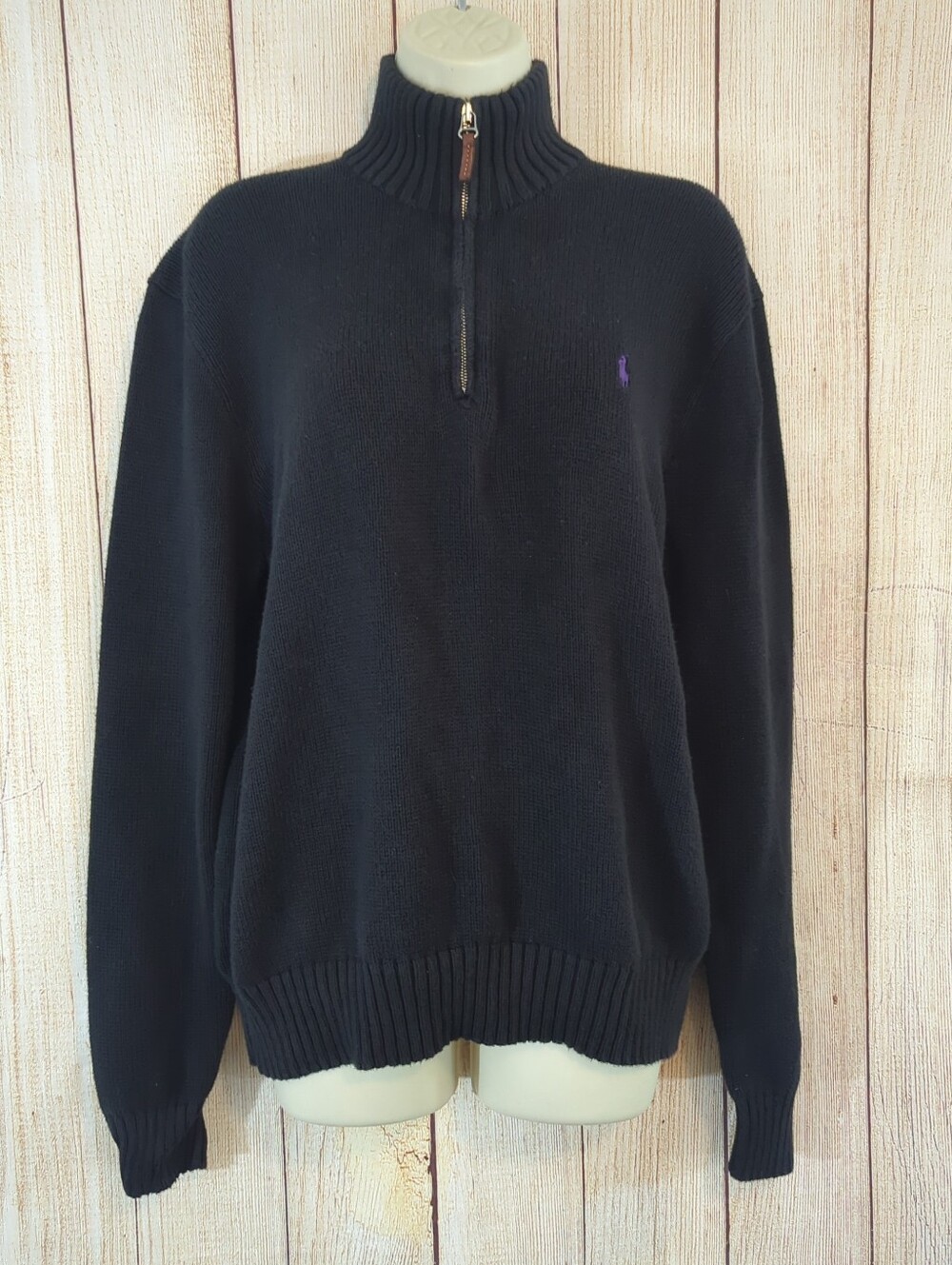 Vintage Ralph Lauren Black Sweater Purple Logo 1/4 Zip Pullover Medium